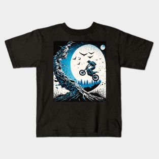 Dirt bike stunt w/moon white and blue Kids T-Shirt